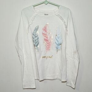 True Craft Sparkly Free Spirit Feather Shirt Long Sleeve Shoulder Ruffles Size 8